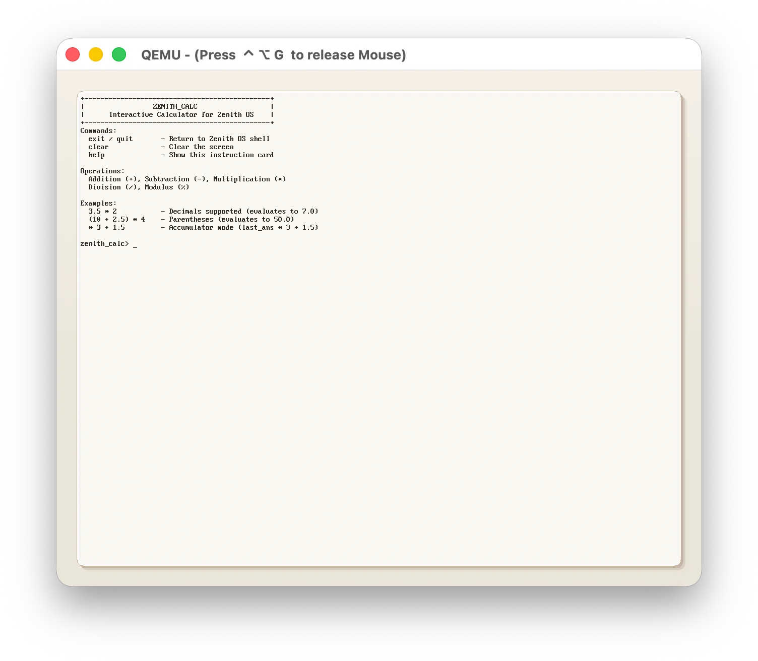 Zenith OS Desktop Calculator Application