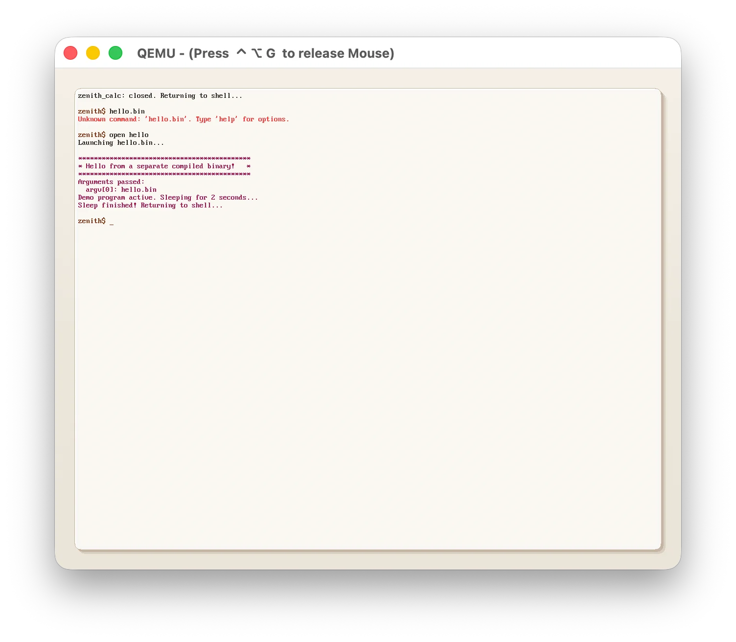 Zenith OS Hello Application